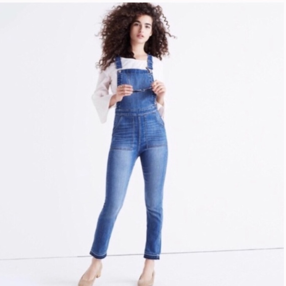 Madewell skinny denim overalls drop hem edition